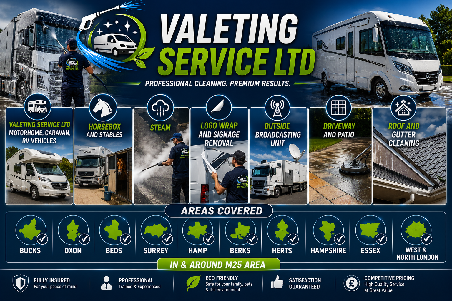 Valeting Service Ltd Motorhome, Caravan, RV Vehicles, Horsebox and Stables, Steam , Logo Wrap and Signage Removal, Outside Broadcasting Unit, Driveway and Patio, Roof and Gutter Cleaning 